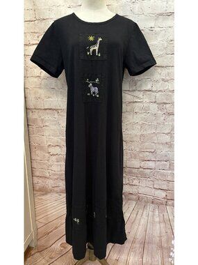 DONNA Vtg Midi Maxi Dress Womens S Black Short Sleeve Safari Jungle Giraffe